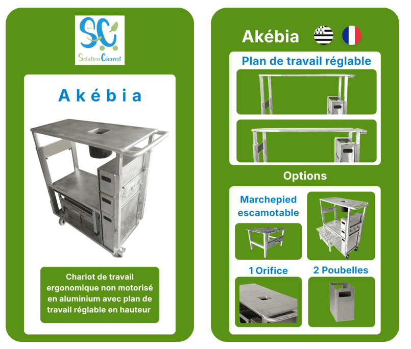 Configuration du chariot de manutention, modèle Akébia pour la jardinerie Cave avec plan de travail réglable en hauteur et les options suivantes : marchepied, 2 poubelles et un orifice intégré.